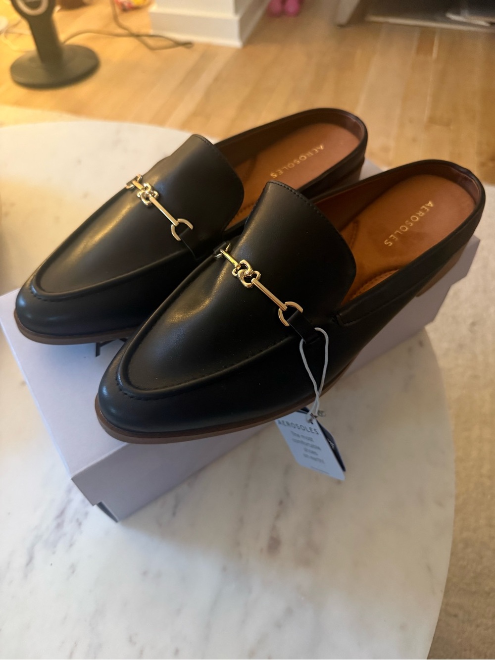 AEROSOLES Black Leather Slip-On Loafer with Gold Bit